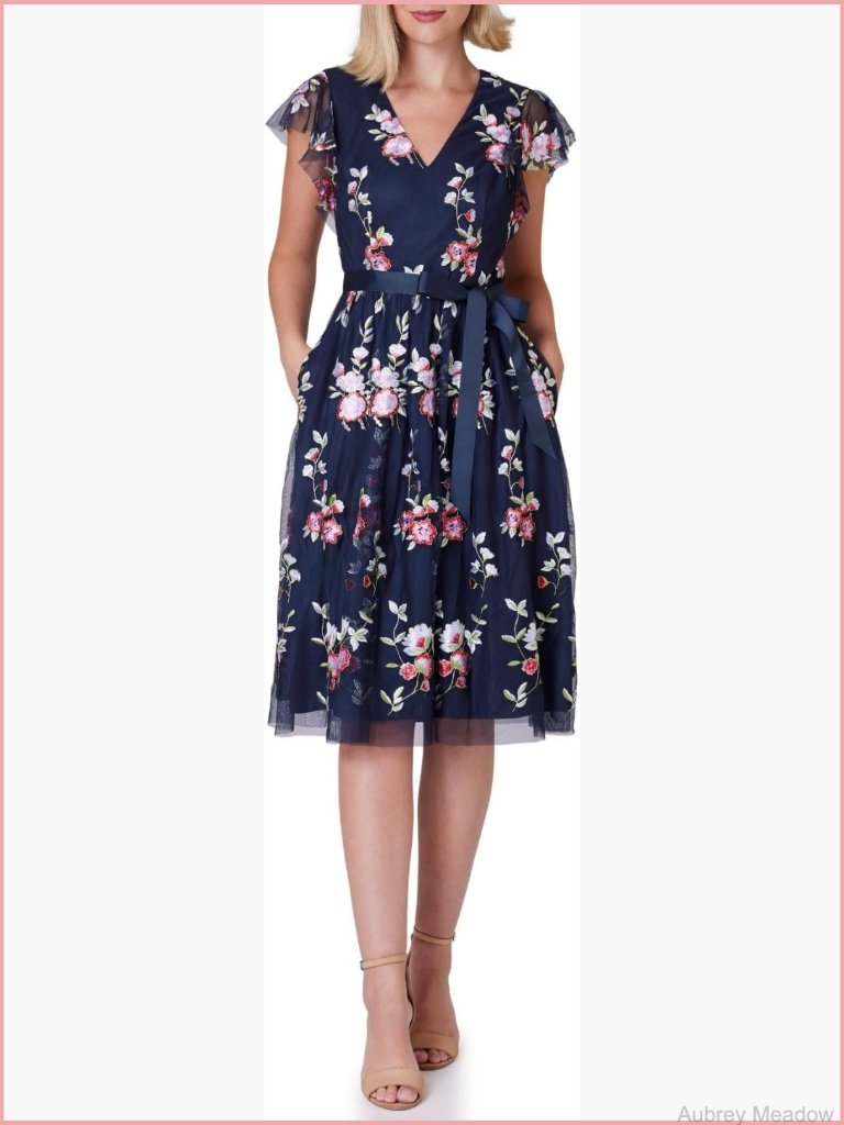 Flutter Sleeve V-Neck Midi Dress With Floral Pattern